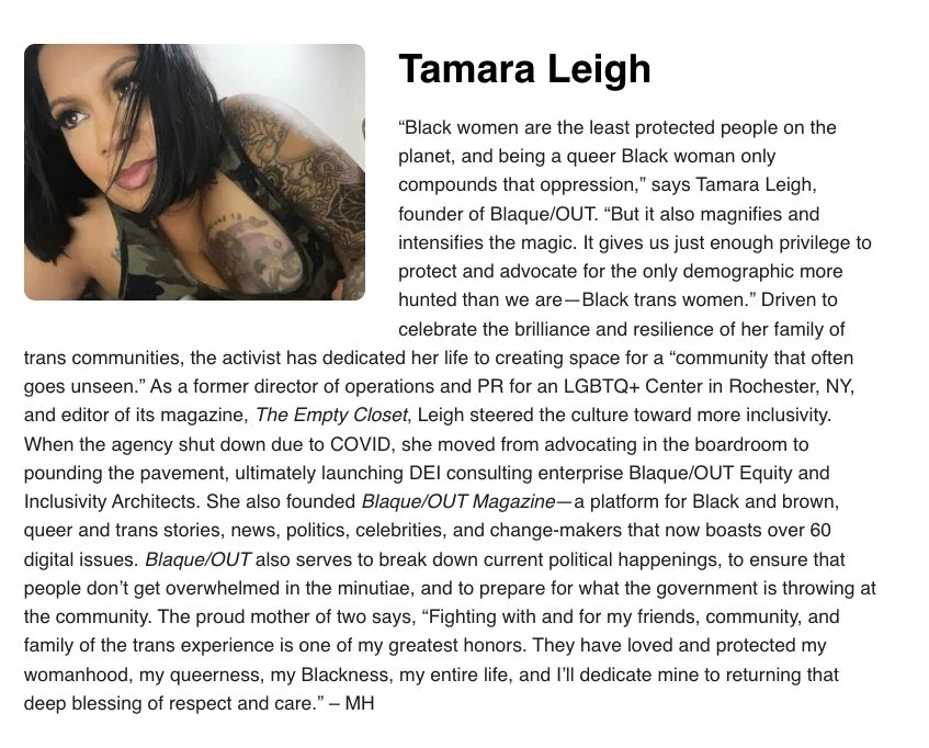 Photograph of Tamara Leigh with dark hair and tattoos, alongside her biography text.