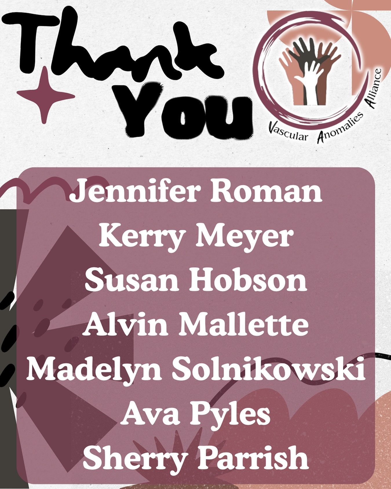 🙌🏻Thank you to the peole below for your recent generous donations to VAA! 
📅 Mark your calendars for Giving Tuesday on Dec. 2nd for any last minute donations to wrap up 2025&ndash;our first full year as a nonprofit organization! #REACH #vascularal