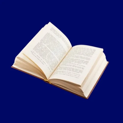 Open book with text on pages against a blue background.