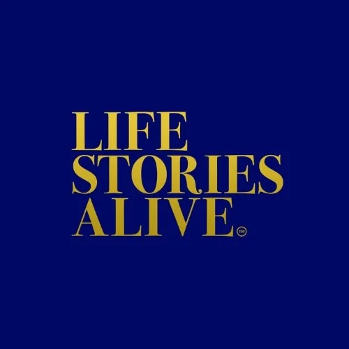 Dark blue background with gold text reading "LIFE STORIES ALIVE"