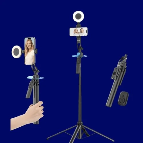 A video recording setup with a smartphone mounted on a tripod, ring lights on adjustable arms, and a remote control against a blue background.