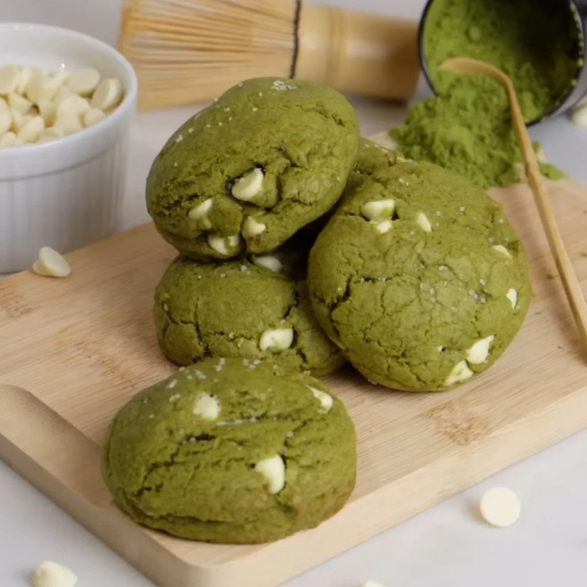 Vibrant green matcha cookie with a soft, chewy center and white chocolate chips