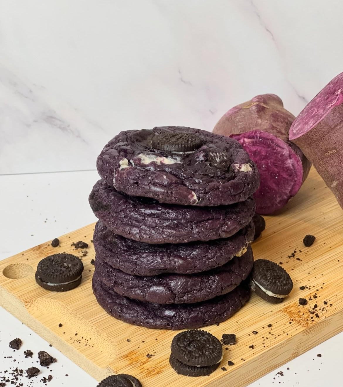 Purple ube cookie with cookies & cream chocolate bar pieces