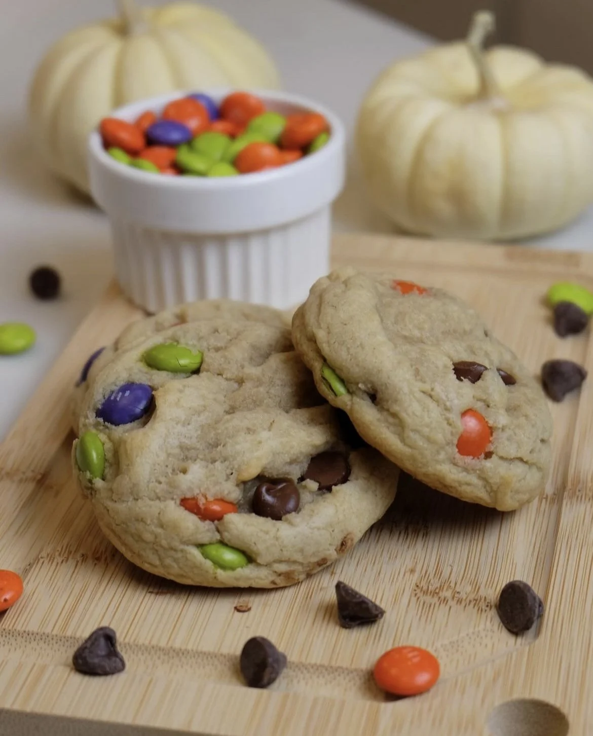 Chewy cookie with dark chocolate chips and colorful candy pieces