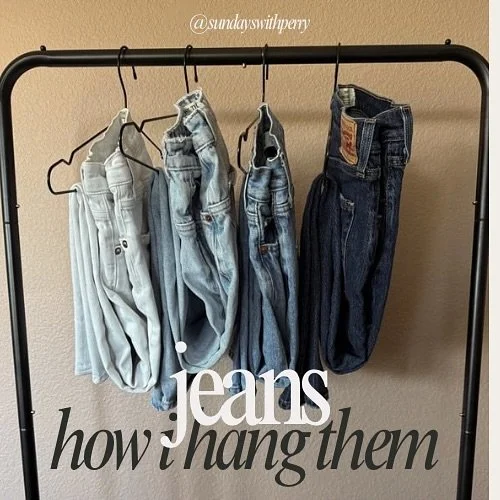 How I hang my jeans in my closet 🤍 My jeans are on my bottom closet pole so I love that this fold allows them to be off the ground and make my closet feel bigger. 

#organizedhome #organizedcloset #closetorganization #jeans #closetorganizationhacks