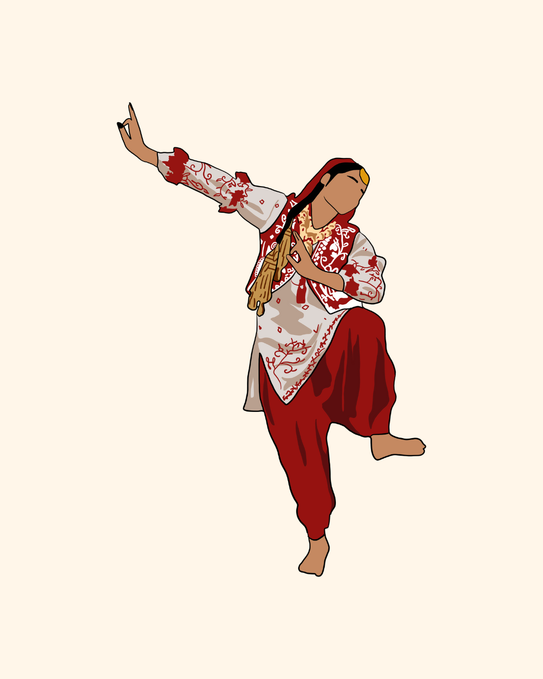 A young girl with shoulder-length black hair, wearing a maroon T-shirt and black pants, standing under a large tree in a park on a sunny day. She is holding a branch of the tree and smiling at the camera. There are other people in the background, some walking and some sitting.