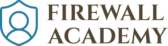 A blue shield outline with a sillouette of a person inside the shield and the words Firewall Academy to the right of the shield.