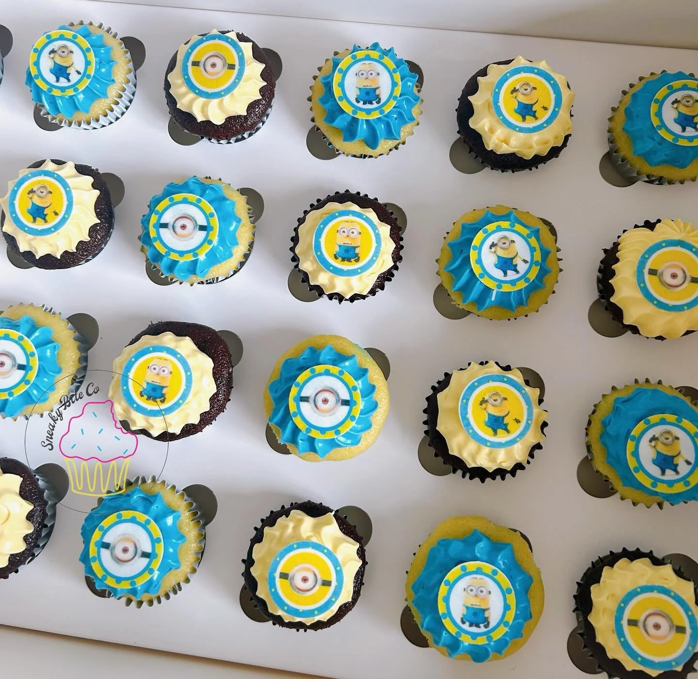 Minions mini cupcakes. 🍌🔵🟡
.
.
.
.
.
#minionscupcakes #minionsmini #minionstoppers #minicupcakes #birthdaycupcakes #blueyellowcupcakes #geelongbaker #teesdalebaker #sneakybiteco