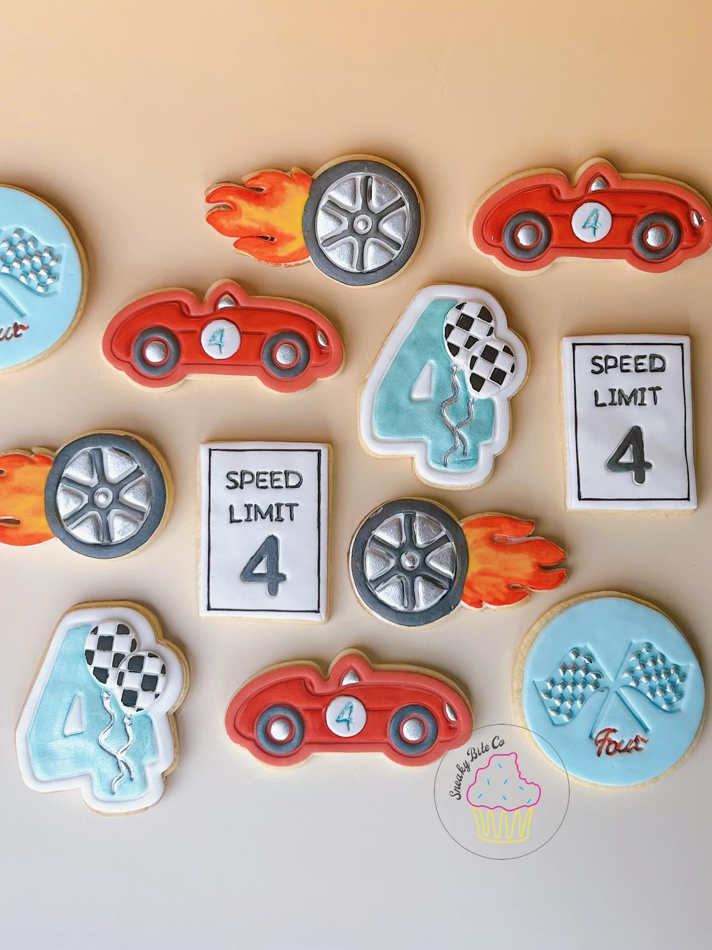 Fast and four! Race car themed birthday cookies. 🏎️🏁🚦
.
.
.
.
.
#racingcookies #racecar #fourcookies #carcookies #checkerflag #speedcookies #birthdaycookies #speedtrack #carrace #geelongbaker #customcookies #teesdalebaker #sneakybiteco