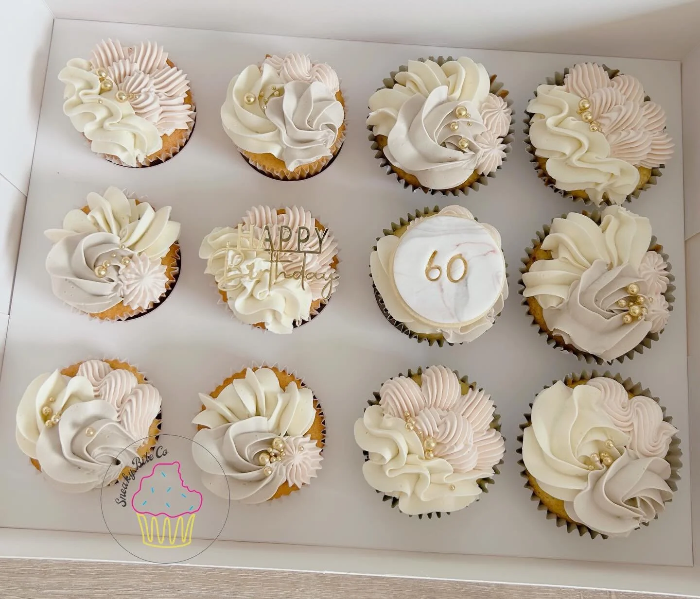 A selection of Vanilla &amp; White choc &amp; raspberry cupcakes for a very special 60th. Happy birthday Tam! ✨🧁🕯️
.
.
.
.
.
#birthdaycupcakes #60thbirthday #geelongcakes #teesdalebaker #sneakybiteco