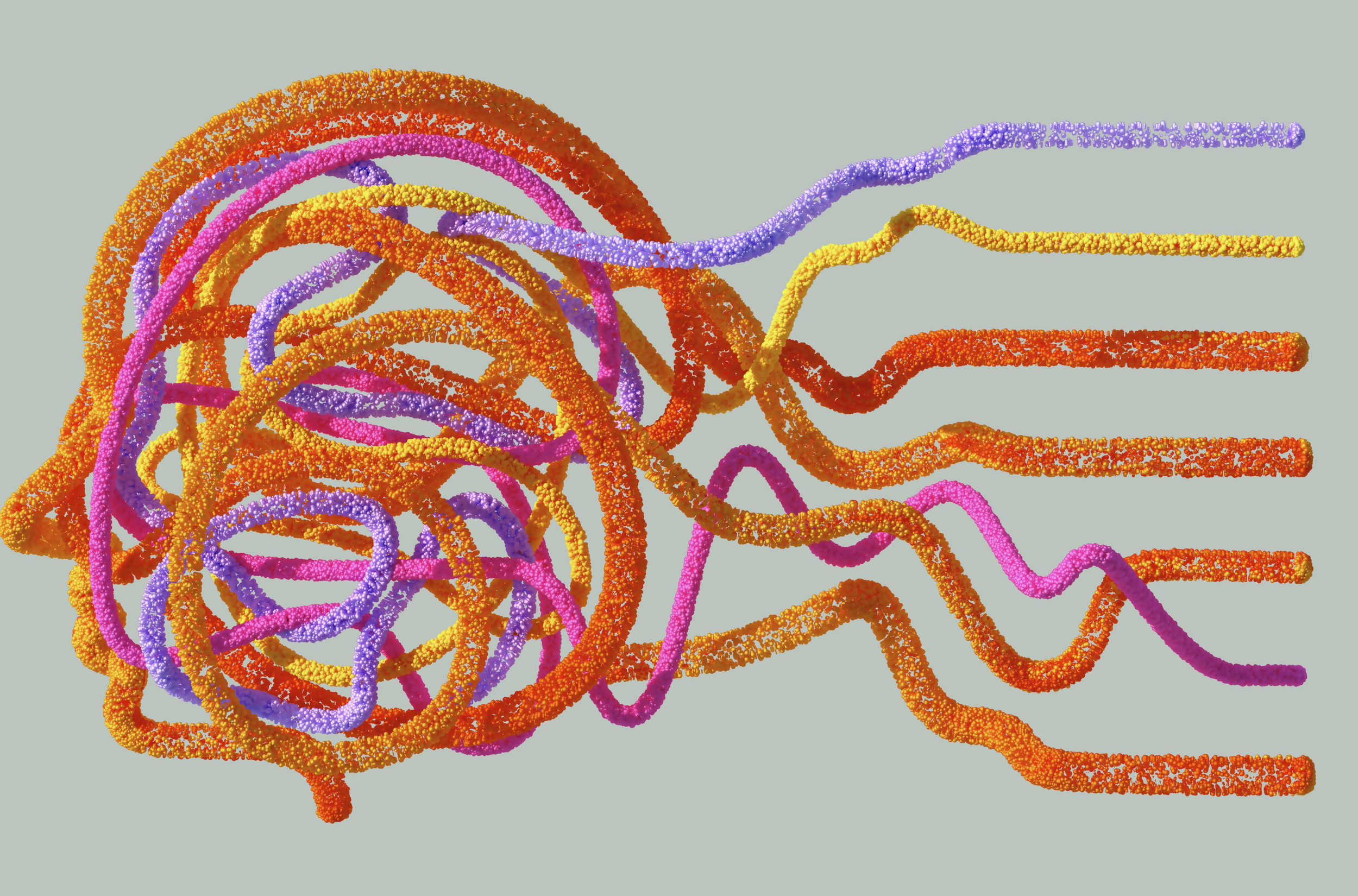 Illustration of a head in profile filled with tangled coloured strands that separate into distinct lines.