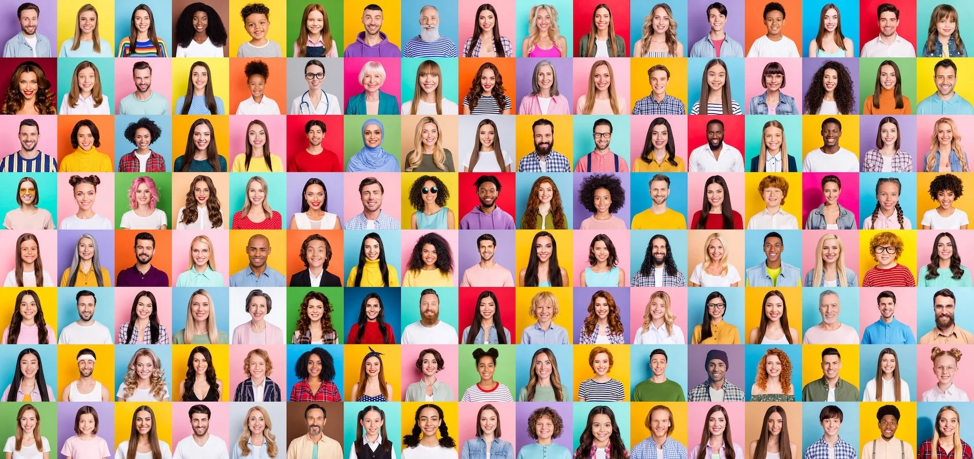 A collage of diverse people of various ages, ethnicities, and styles, each with a colorful background, arranged in a grid pattern.