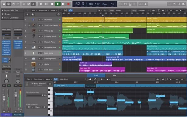 Screenshot of a digital audio workstation interface showing multitrack audio editing and mixing.