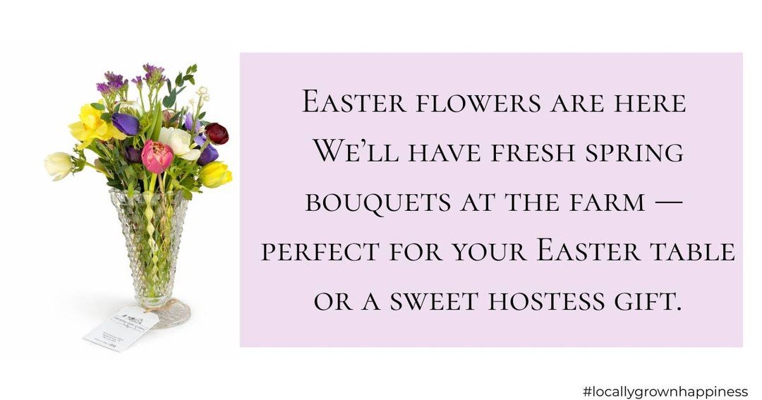 Easter Flowers from Silver Oak Farm, Friday, April 3rd 5-7PM and Saturday, April 4th 10-2PM. 

Fresh, locally grown blooms to brighten your Easter table.

Each bouquet is filled with the colors of spring &mdash; tulips, daffodils, and other seasonal 