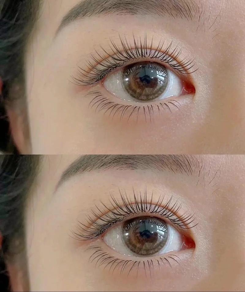 Close-up of a human eye with brown iris and long eyelashes in two similar images.