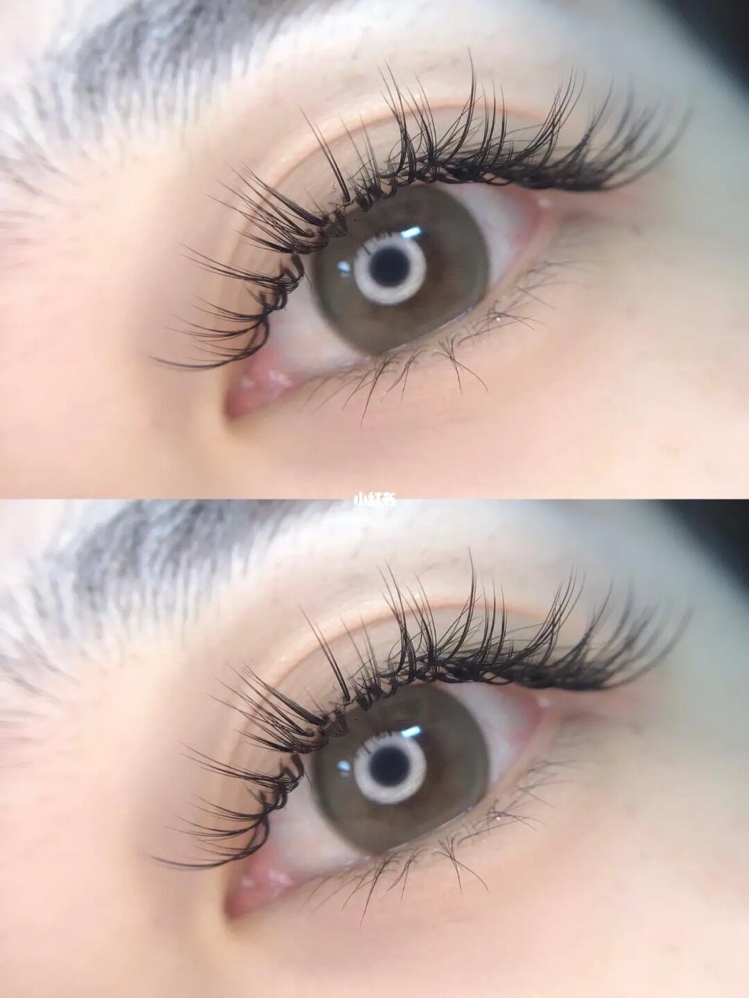Close-up image of an eye with long eyelashes, showing detailed texture of the iris and surrounding skin. The eye is wide open with a reflection of a ring light visible in the pupil.