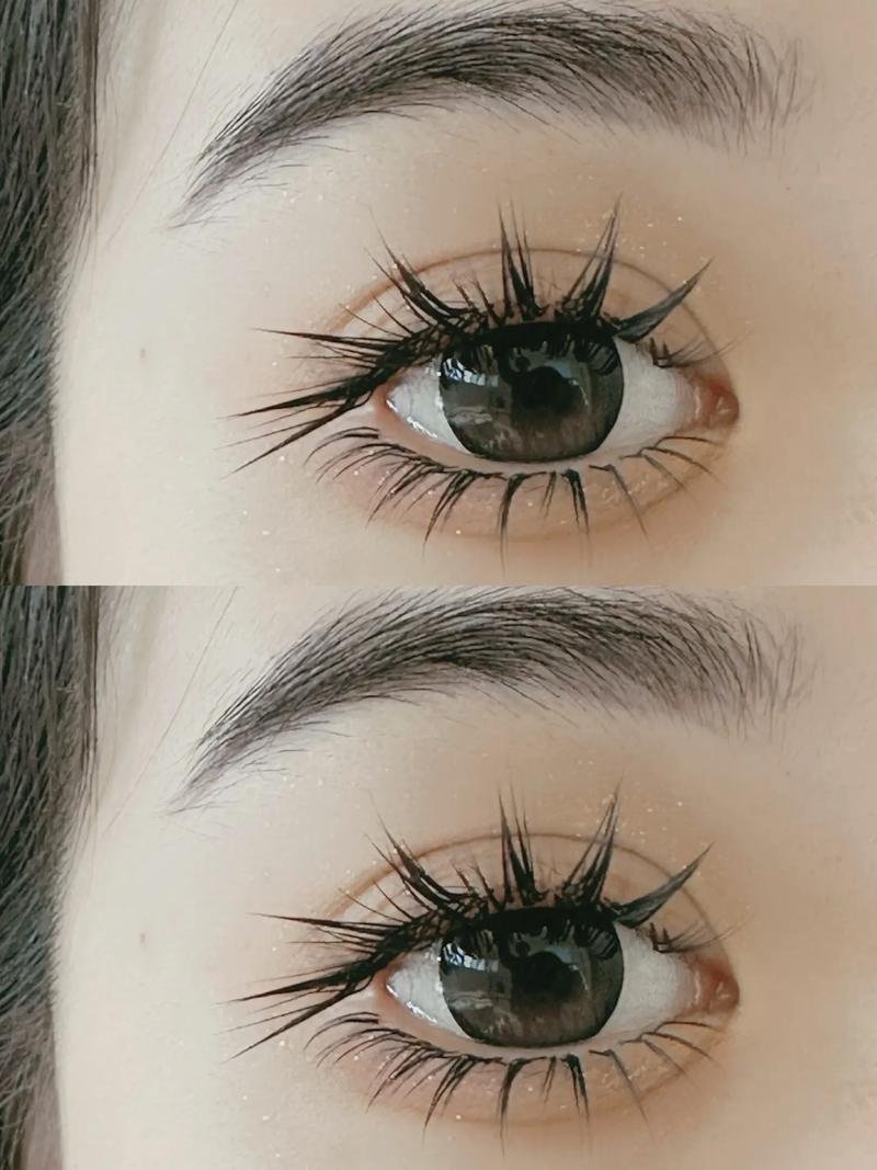 Close-up of two eyes with long, styled eyelashes and well-groomed eyebrows.