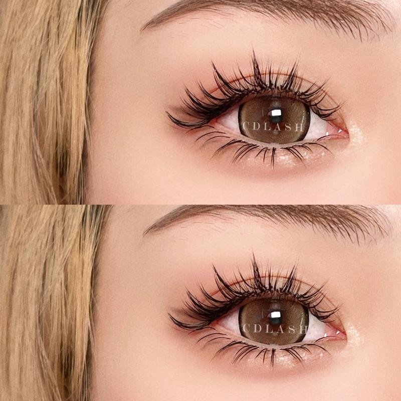 Close-up of two eyes with long eyelashes and brown contact lenses