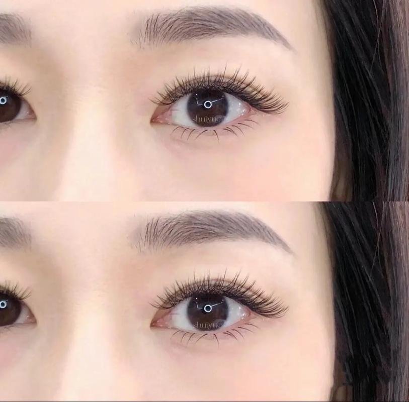 Close-up of a woman's eyes with long eyelashes before and after makeup application, showing enhanced volume and definition.