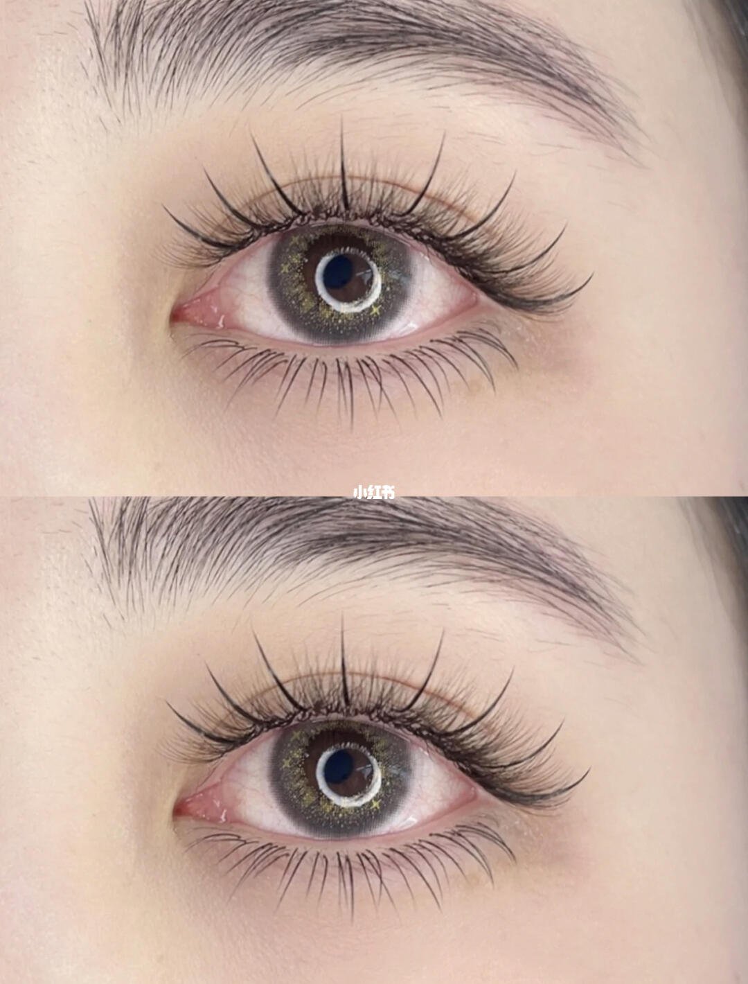 Close-up of eyes with colored contact lenses and long eyelashes, showing detailed eye makeup.