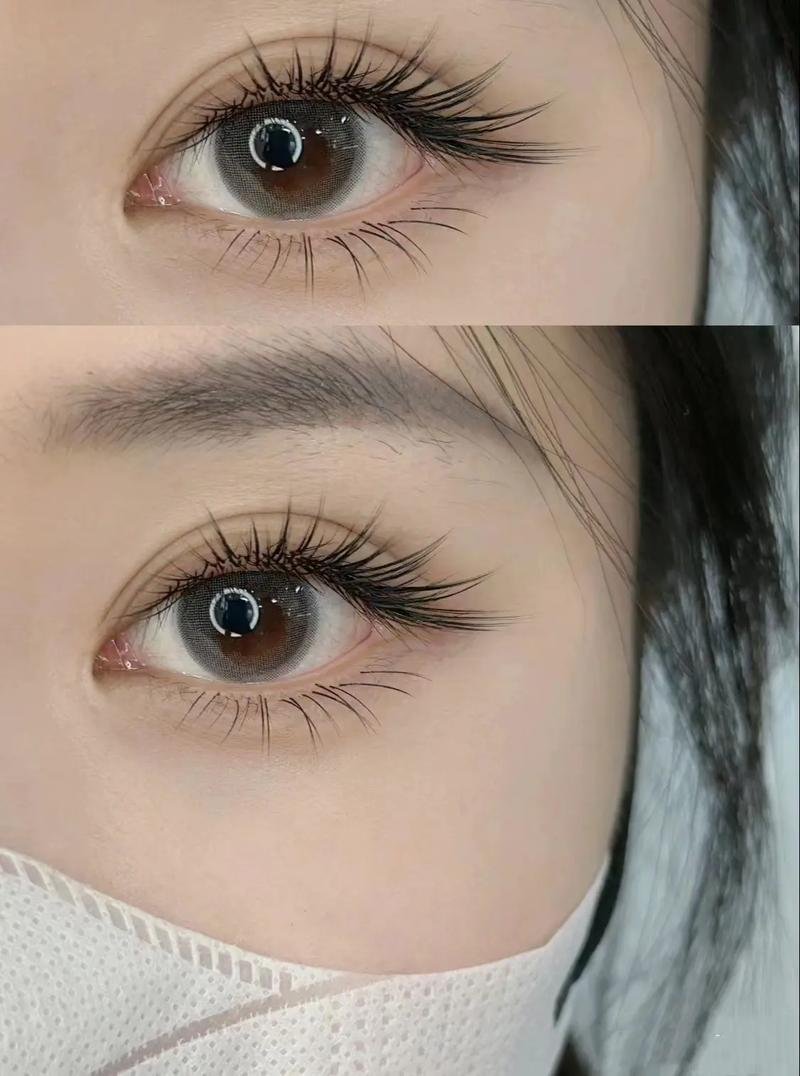 Close-up of two brown eyes with long eyelashes and a face mask.