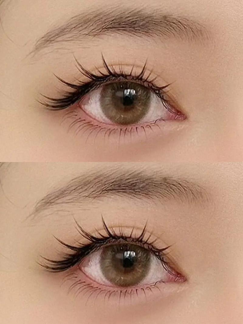 Close-up of a person's eyes with brown irises, long eyelashes, and well-groomed eyebrows, shown in two similar images stacked vertically.