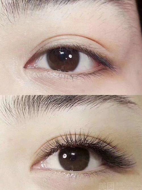 Before and after eyelash extension comparison, natural lashes on top, extended lashes on bottom.
