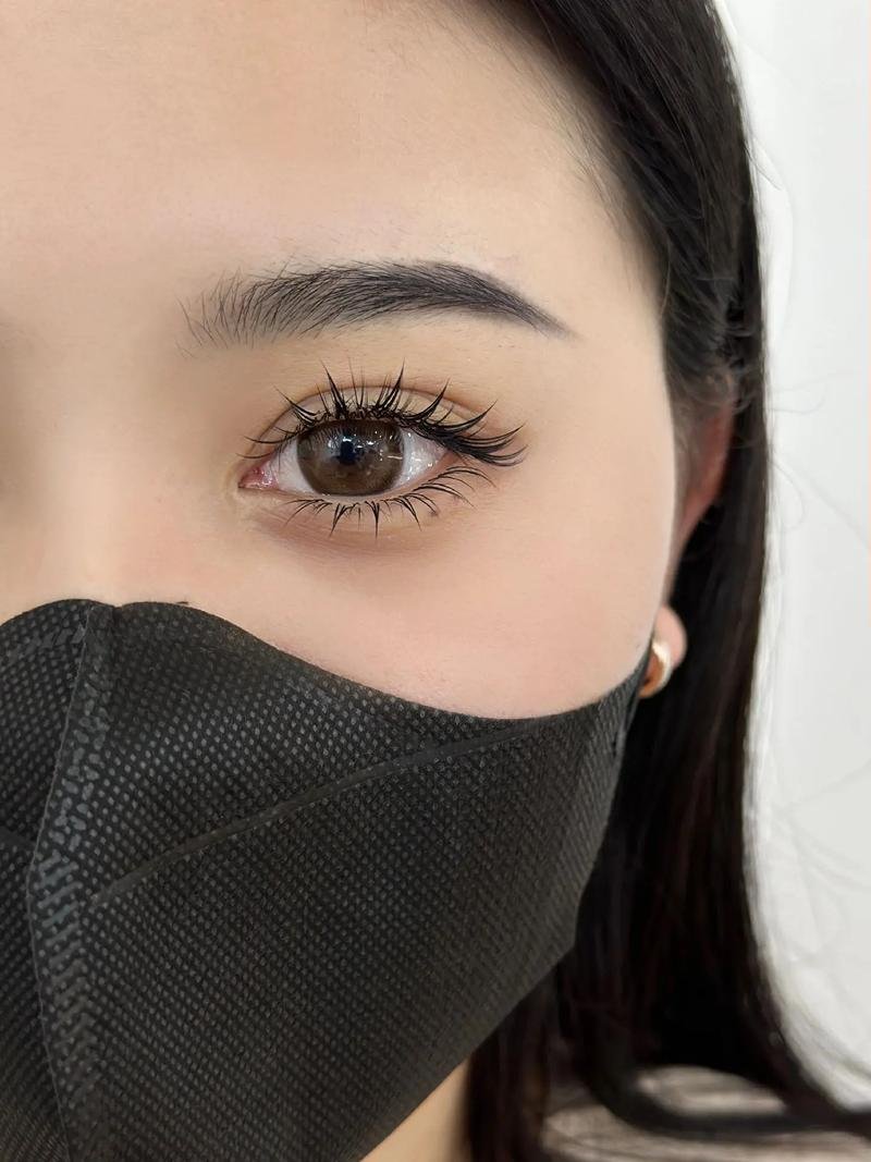 Close-up of person's eye with long lashes wearing a black face mask.