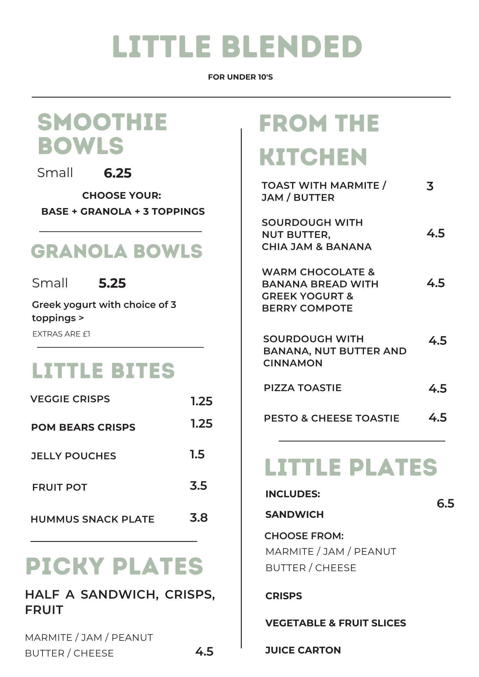 Menu listing various small and large food items including smoothies, bowls, bites, picky plates, and little plates, with descriptions and prices.