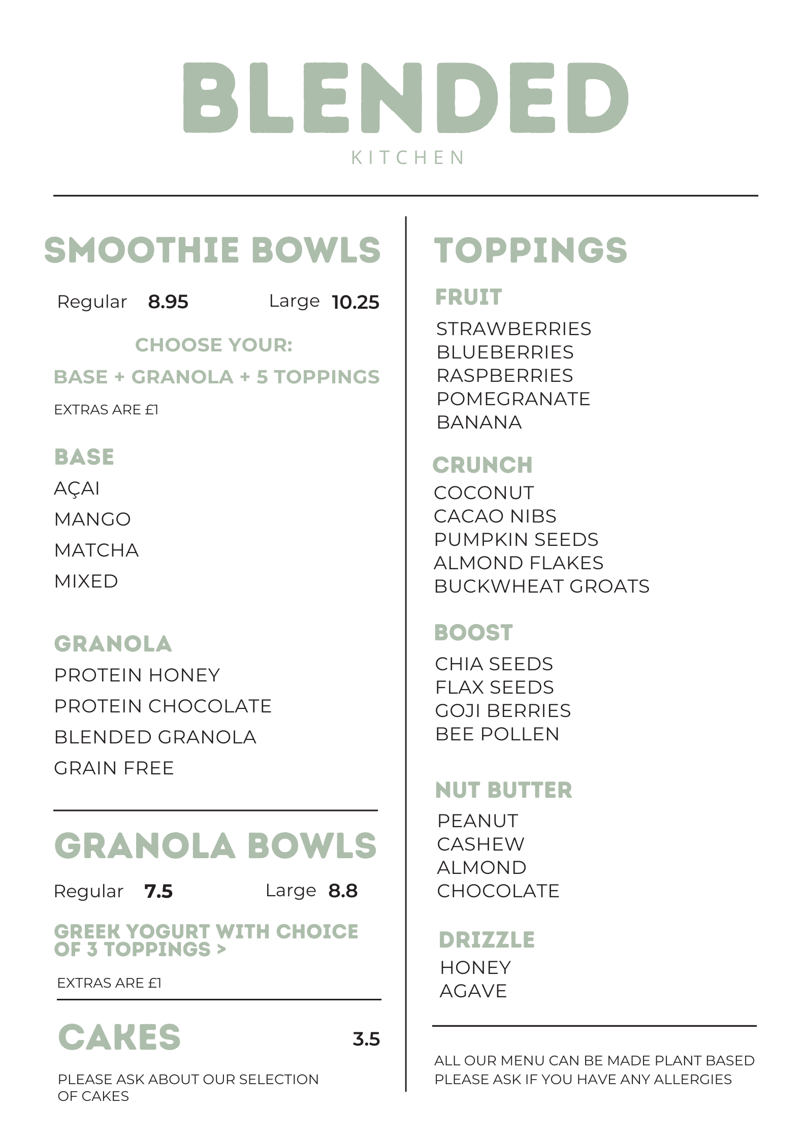 Menu for Blended Kitchen featuring smoothie bowls, granola bowls, cakes, and beverages with various toppings and options.
