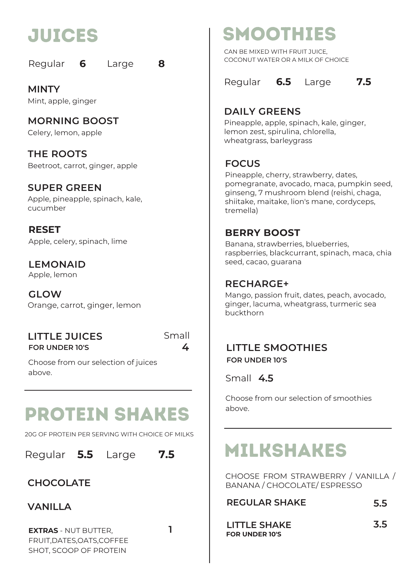 Menu listing various juices, smoothies, protein shakes, and milkshakes with their prices and ingredients.