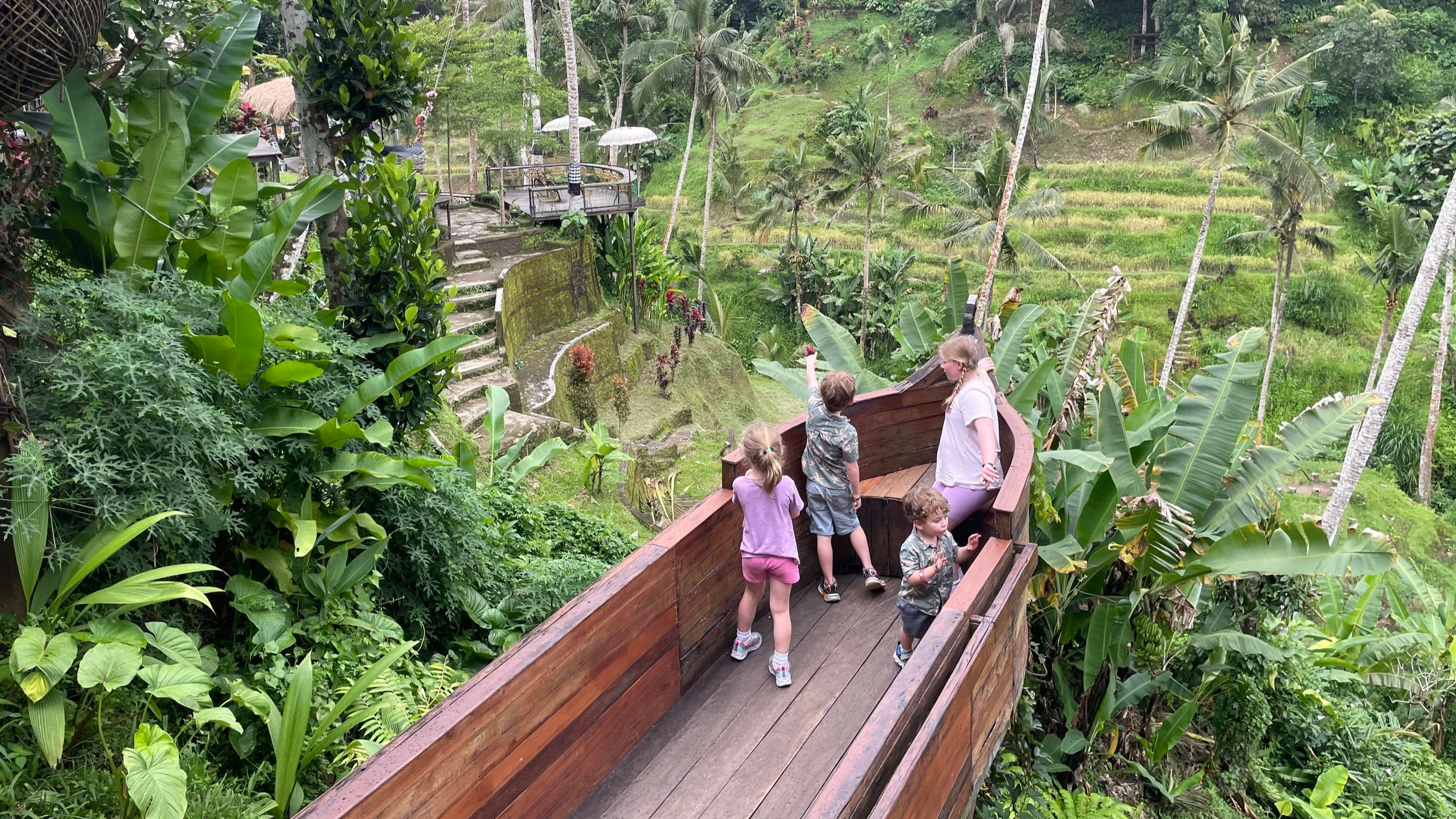 Four kids on a wooden lookout above jungle and rice terraces in Bali