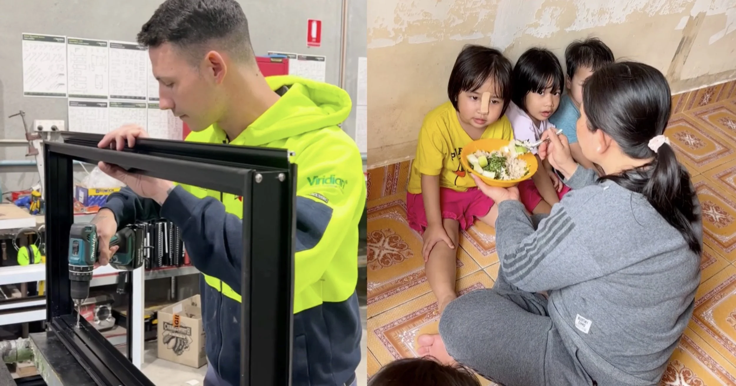 Adelaide Windows and Doors technician assembling solar equipment in the workshop side by side with an image of children being fed at a Vietnamese orphanage
