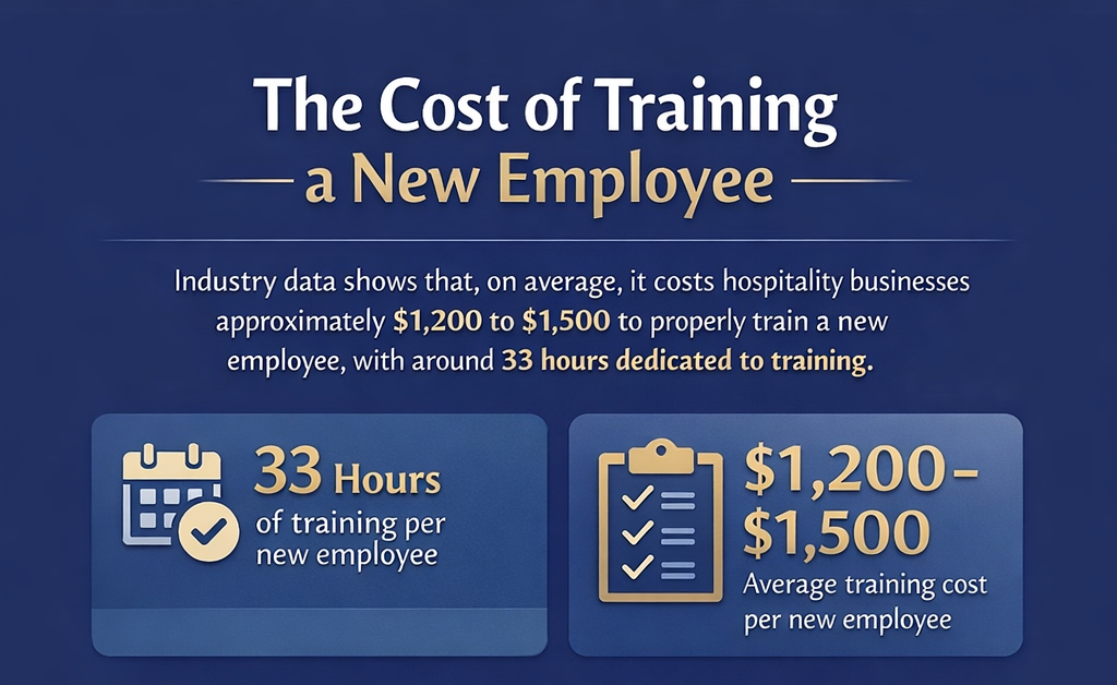 A blue infographic titled 'The Cost of Training a New Employee' shows industry data on training costs, including 33 hours of training and an average cost of $1,200 to $1,500 per new employee, with icons of a calendar and checklist.