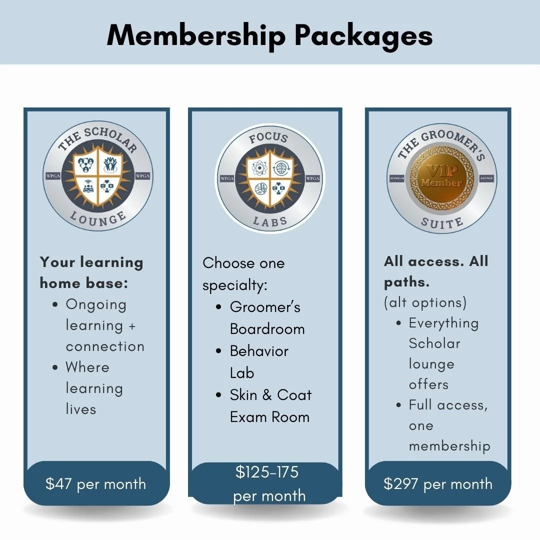 Image showing three membership package options with icons and descriptions. The first package is 'The Scholar Lounge' for ongoing learning at $47 per month. The second is 'Focus Labs' for specialty choices at $125-175 per month. The third is 'The Groomer's Suite' for all access at $297 per month.