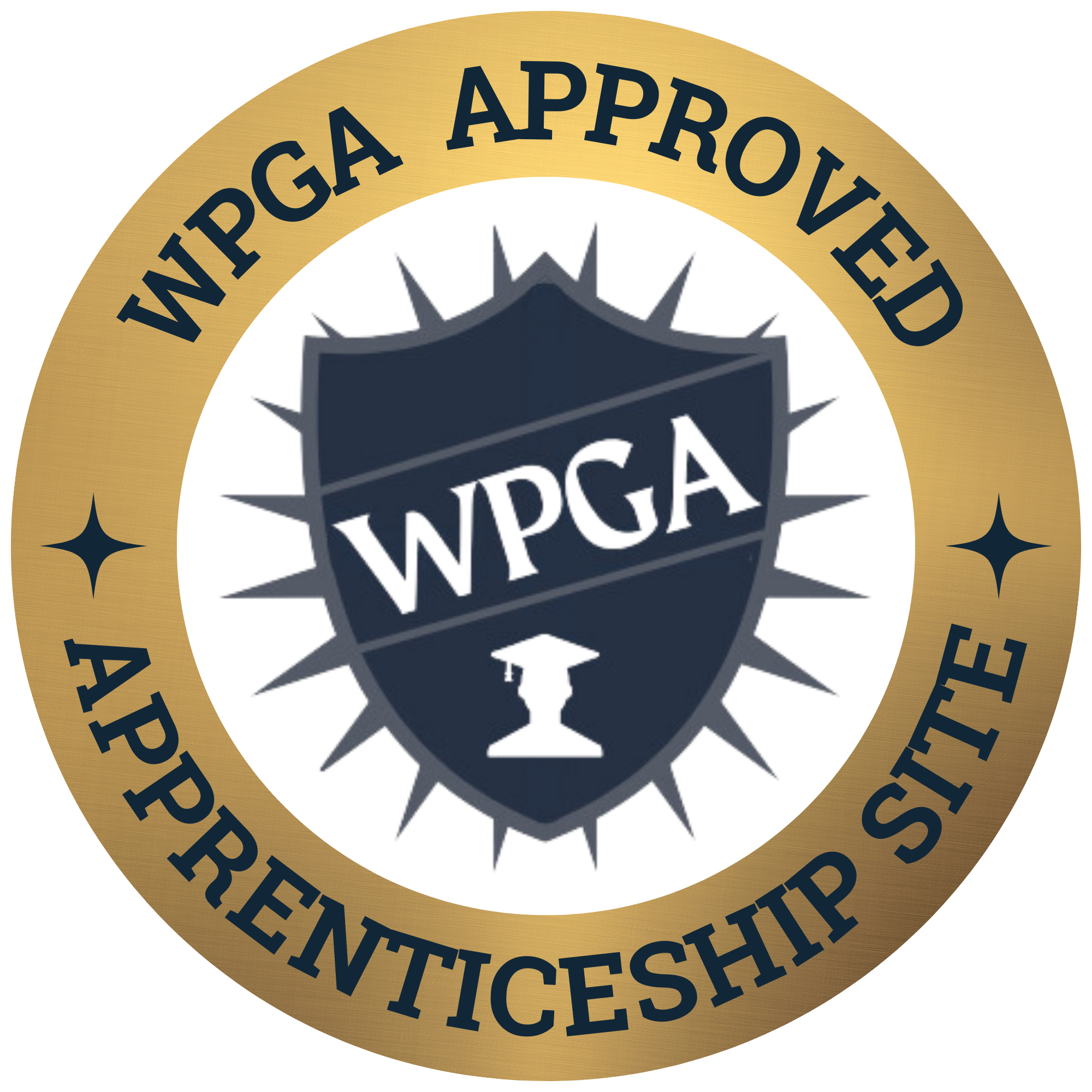 WPGAA approved emblem with a gold outer ring, black text, a shield with a starburst pattern, WPGAA initials, and a trophy symbol in the center.