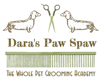 Logo for Dara's Paw Spaw featuring two dachshunds, a pair of scissors, and a barcode, with text 'The Whole Pet Grooming Academy' below.