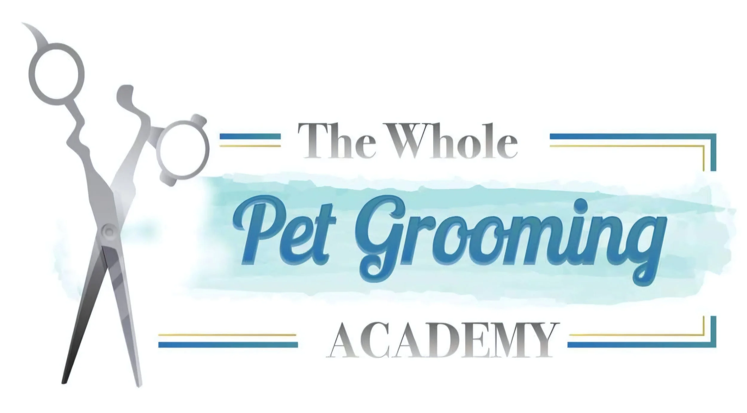 Logo for The Whole Pet Grooming Academy featuring a pair of gray grooming scissors and stylized blue and gray text.