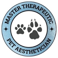 Logo with blue outer circle and black paw prints in the center. Text reads 'Master Therapeutic Pet Aesthetician'.