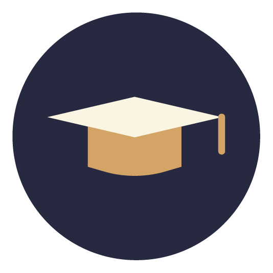 Icon of a graduation cap with a white mortarboard and tan tassel on a dark blue background.