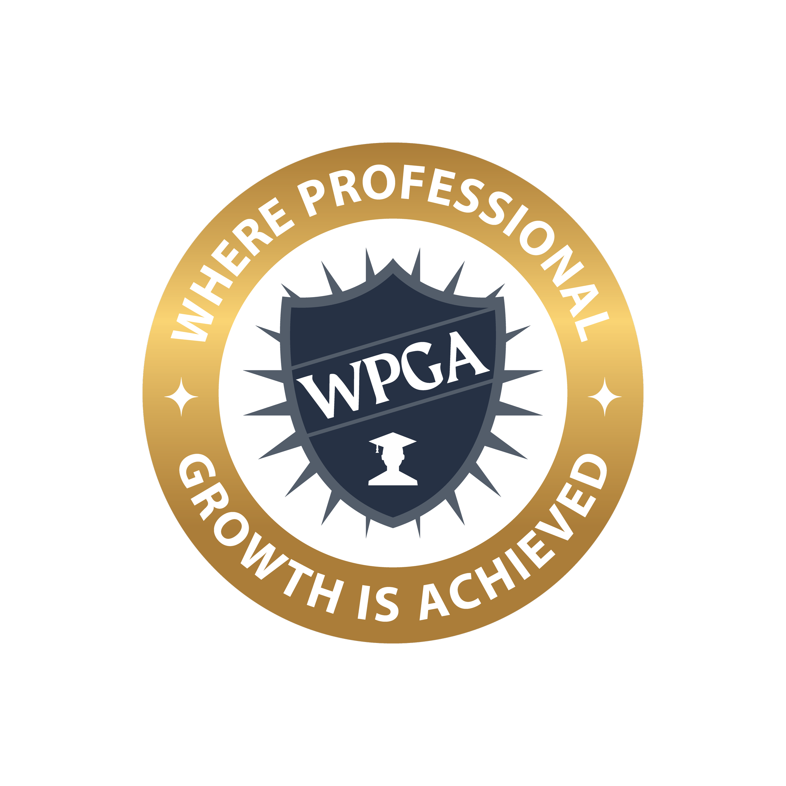 A circular badge with a gold border and white text that reads 'Where Professional Growth Is Achieved'. Inside the badge, there is a dark shield with the acronym 'WPGA' and a small bowl with a graduatuion cap on top of it. The shield has a starburst design behind it.