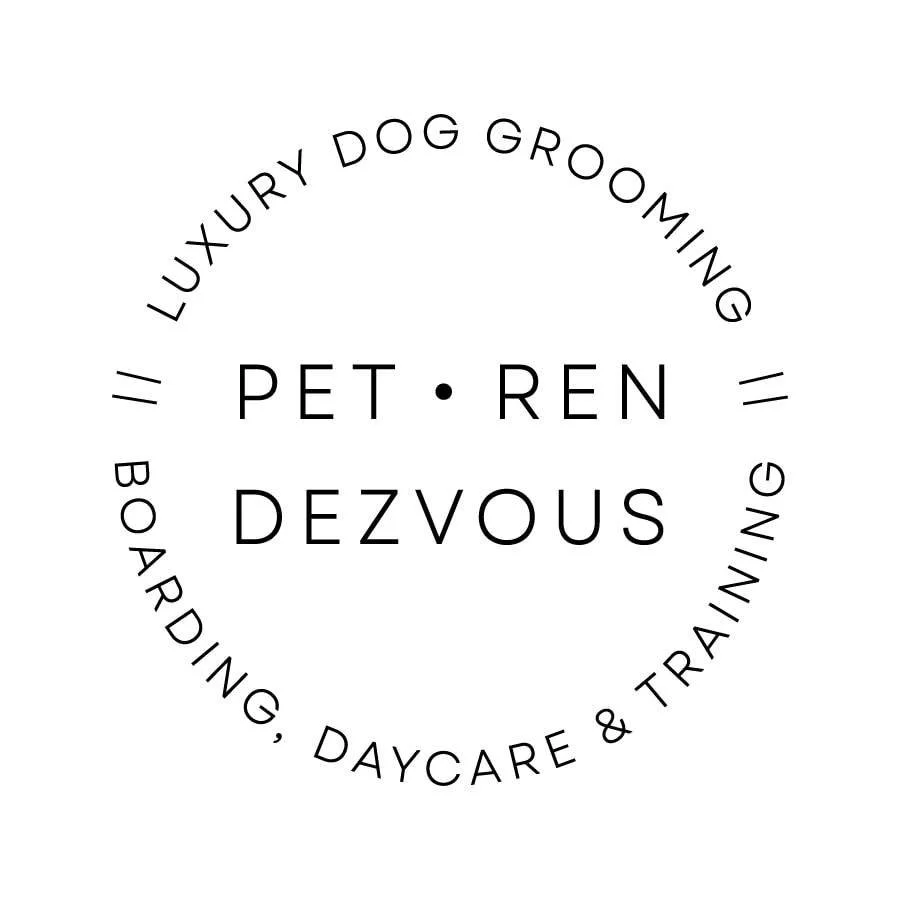 Logo for Pet Ren Dezvous featuring a circular design with the text 'Luxury Dog Grooming, Boarding, Daycare & Training' around the circle, and 'Pet Ren Dezvous' in the center.