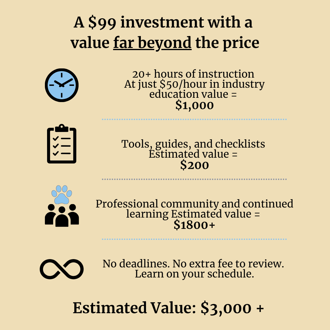 An advertisement illustrating the value of a $99 investment in industry training. It highlights 20+ hours of instruction valued at $1,000, tools and guides worth $200, and a professional community valued at $1,800 or more. The ad emphasizes no deadlines or extra review fees, with an estimated total value exceeding $3,000.