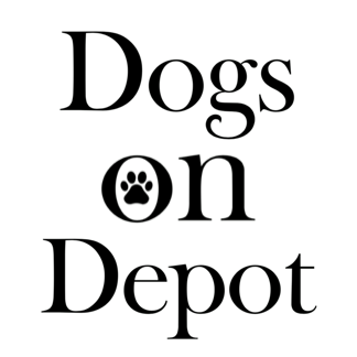 Sign reading 'Dogs on Depot' with a paw print inside the letter 'o' in 'on'.