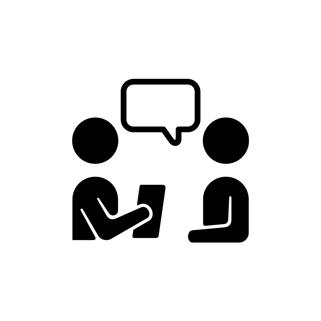 Silhouette of two people talking, one holding a tablet, with a speech bubble above them.