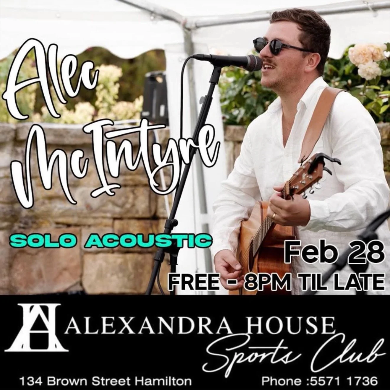 🚨 TOMORROW NIGHT 🚨 @alecmcintyre96 

Catch our fearless leader Alec McIntyre live and solo at @alexandrahousesportsclub tomorrow night.
Free entry - 8pm till late

He&rsquo;ll be dishing out a swag of acoustic bangers and a bunch of new songs - spr