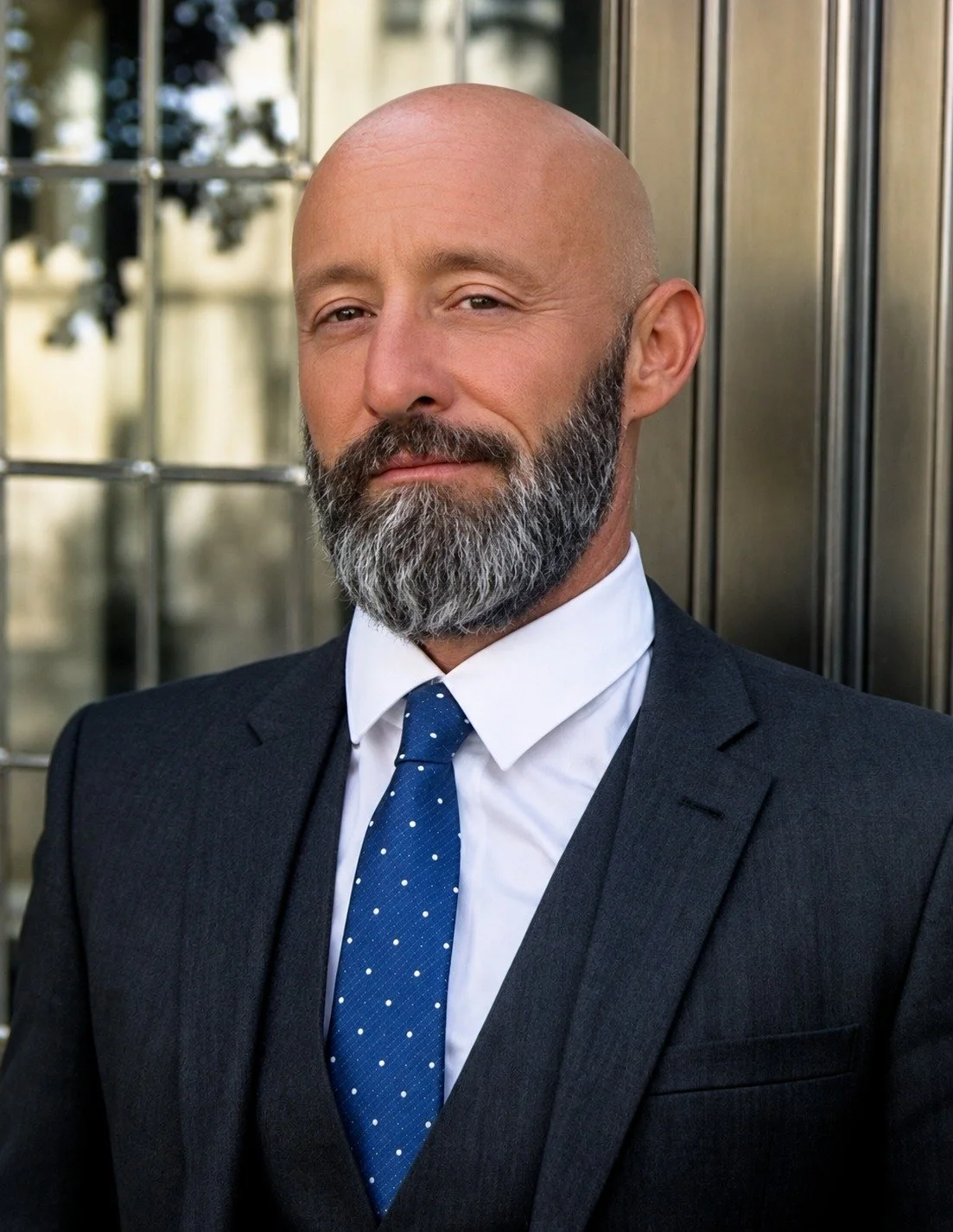 A confident bald man with a gray beard and mustache wearing a dark suit, white shirt, and blue polka dot tie standing outdoors in front of a building with large windows.