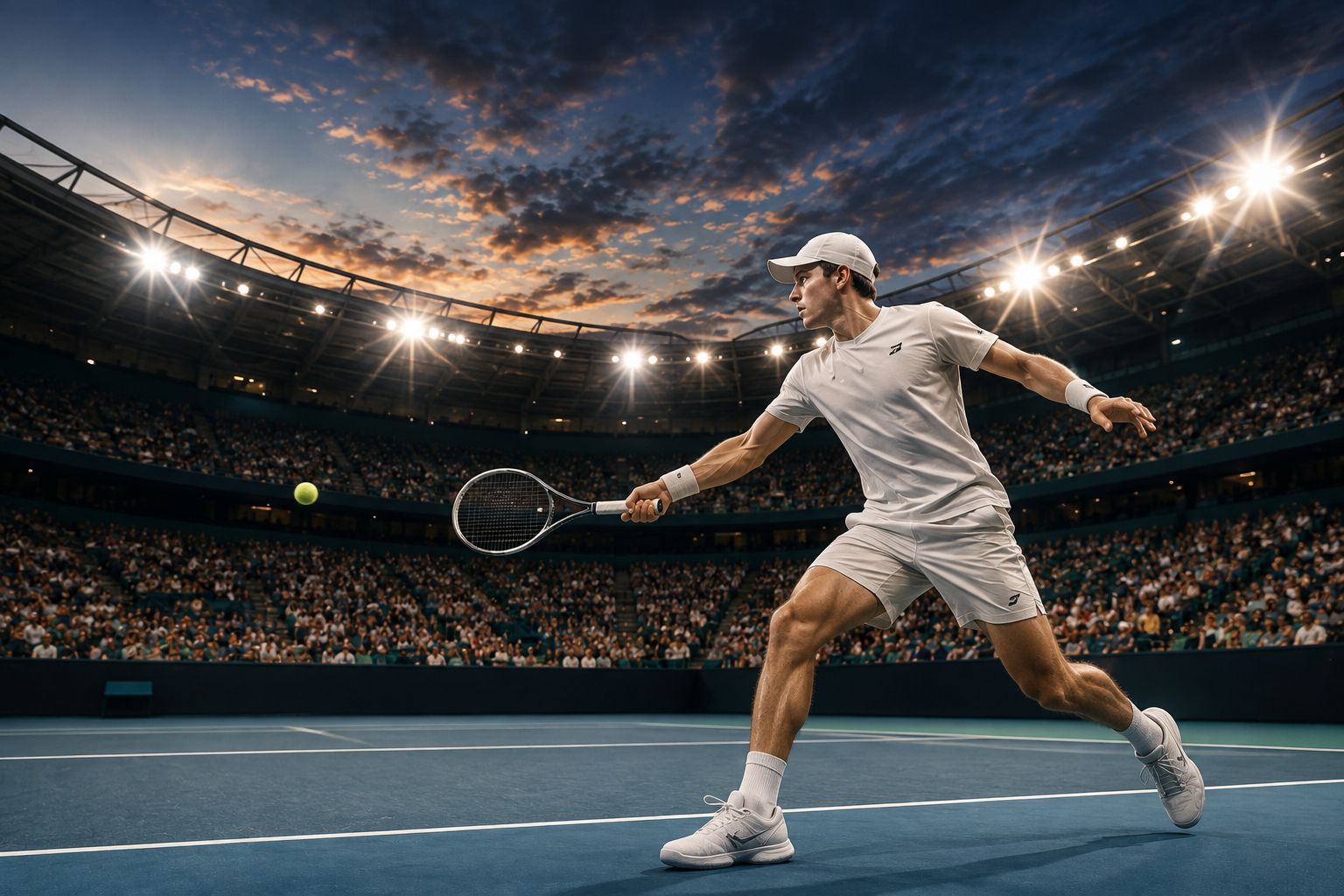 Young tennis player competing in a professional stadium while pursuing an elite sporting pathway