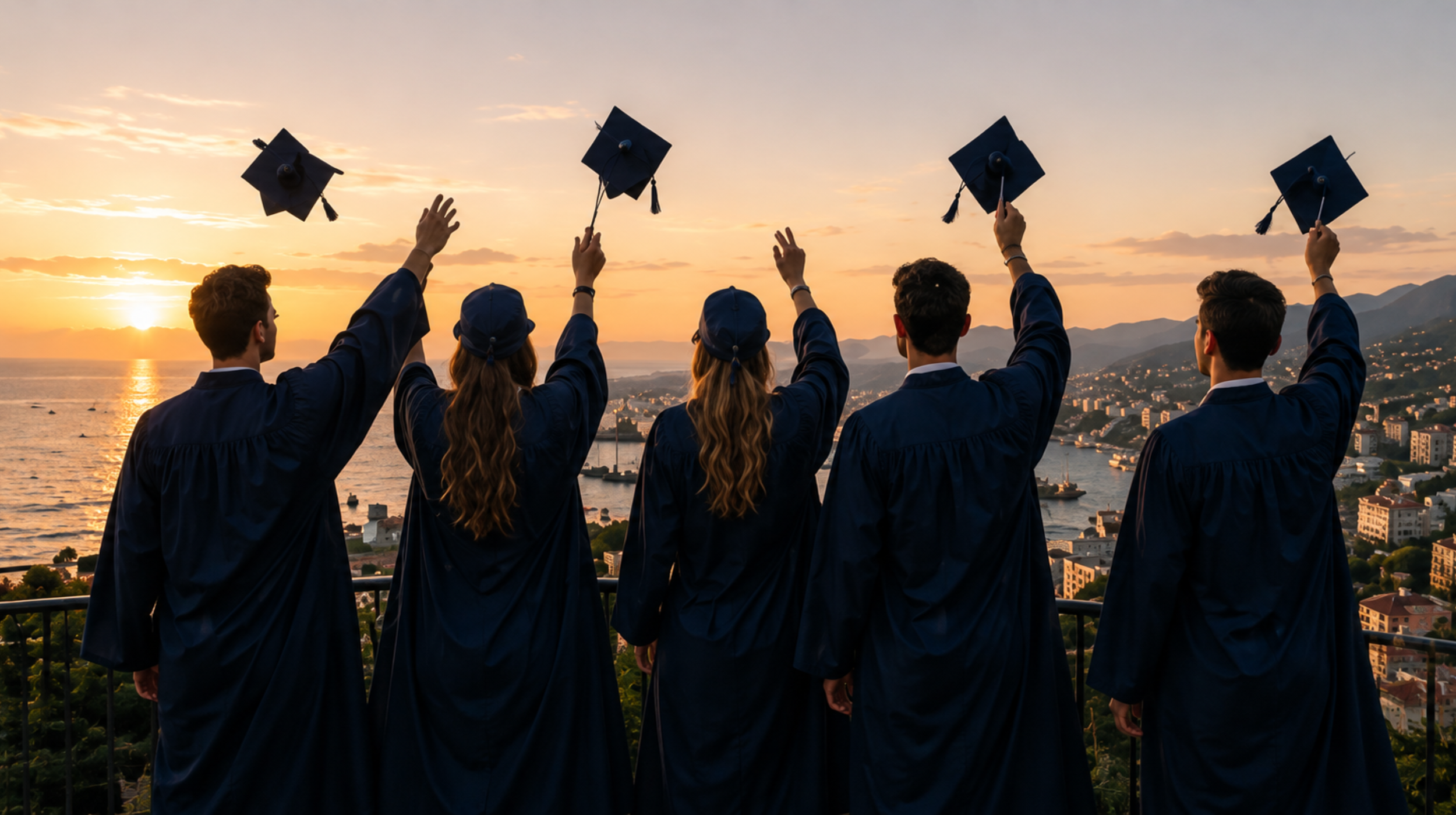 Graduates celebrating their achievements overlooking the Mediterranean at sunset