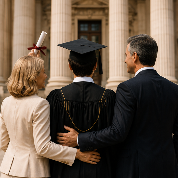 Parents celebrating their child's university graduation outside a historic academic building